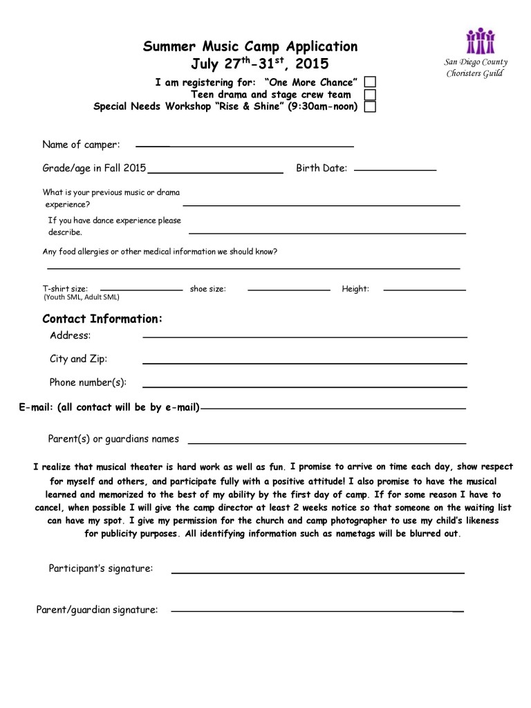 application for 2015 Summer Music Camp