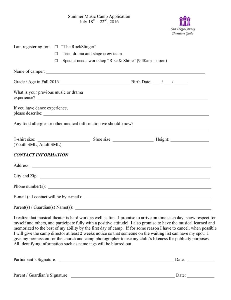 2016 Summer Music Camp Application